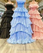 Candy Pink Tulle A-line Strapless Ruffles layers Long Semi Formal Prom Dress